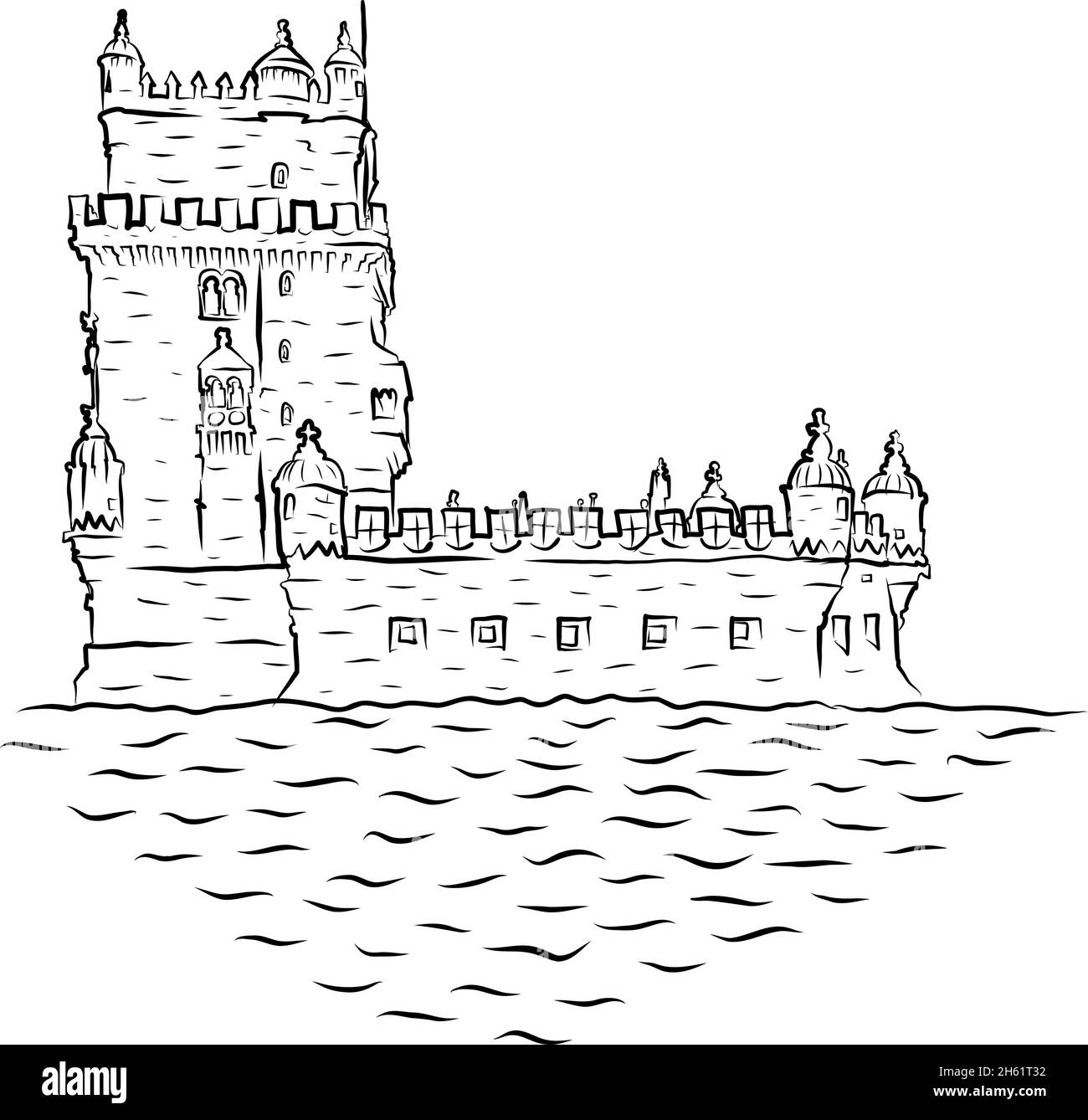 Belem Tower landmark. World famous iconic place in Lisbon, Portugal. Tourism travel postcard home wall decor art concept. Modern line draw design vect Stock Vector