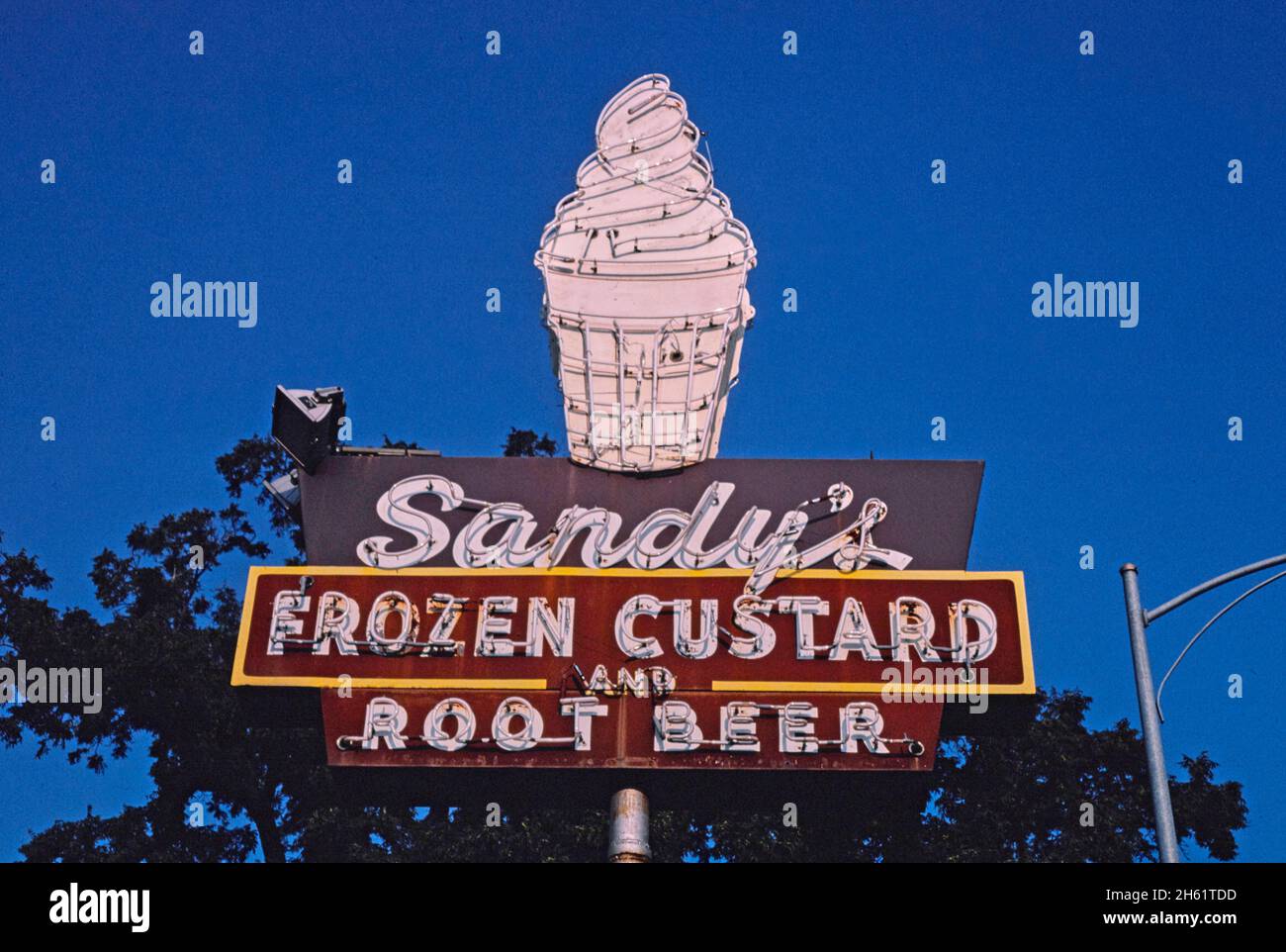 Sandy's Frozen Custard ice cream sign, Austin, Texas; ca. 1983 Stock Photo