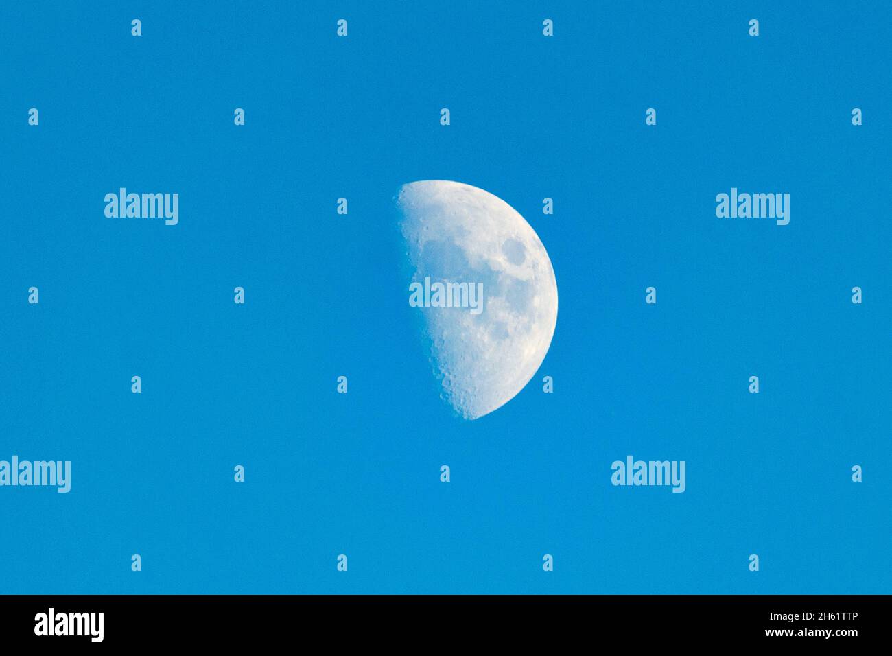 Bright crescent moon over the completely blue sky. Horizontal photography. Stock Photo