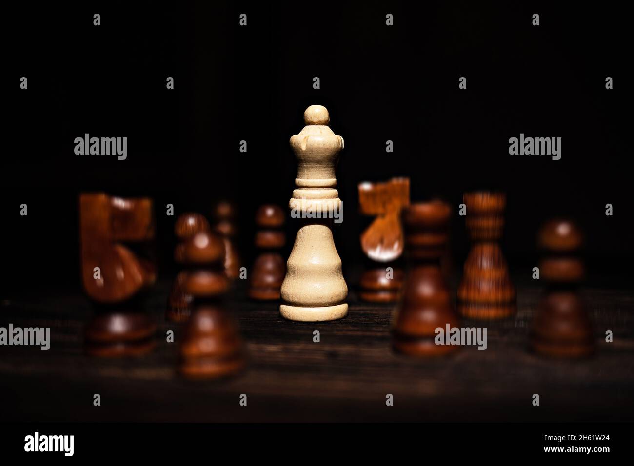 leadership concept. chess queen surrounded by pawns and other chess pieces, in low key. different in a crowd Stock Photo