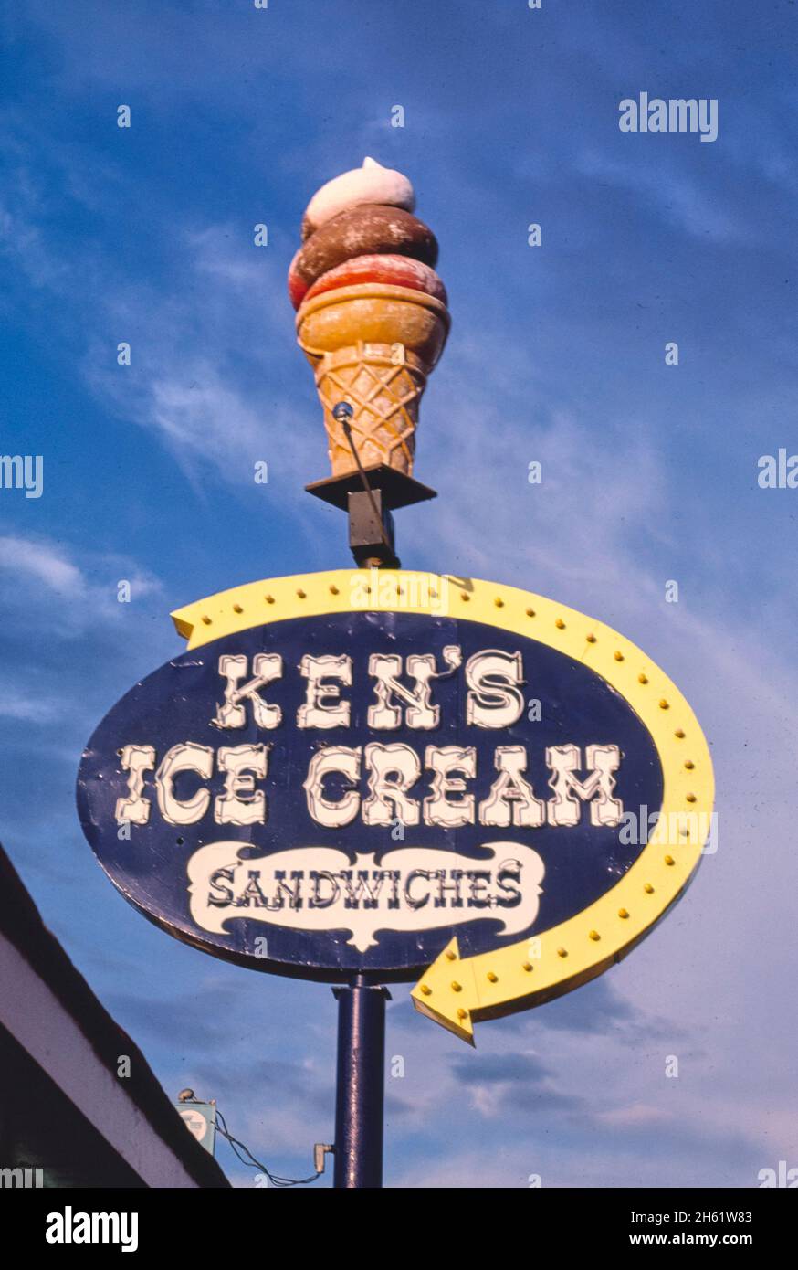 Ken's Ice Cream Sandwich sign, B-4, Tucumcari, New Mexico; ca. 1987 Stock Photo