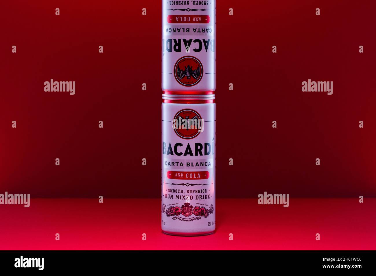 Prague, Czech Republic - 1 November,2021: Bacardí Carta Blanca and Cola is a perfectly mixed drink crafted with Bacardí Carta Blanca, to deliver an au Stock Photo