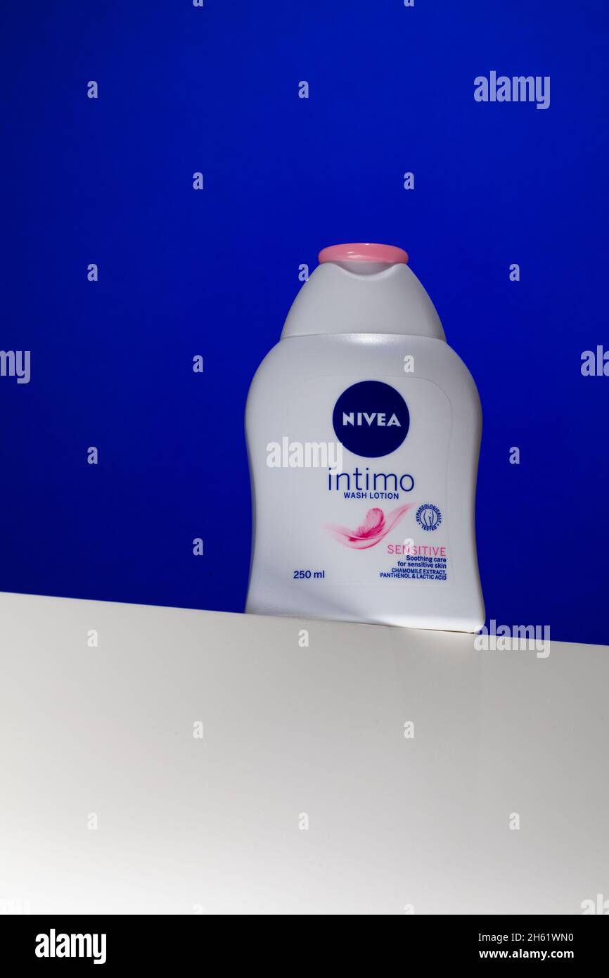Prague,Czech Republic - 6 November,2021: Nivea Intimo Sensitive Intimate  Wash Lotion 250 ml isolated on the blue background. Nivea brand owned by  the Stock Photo - Alamy