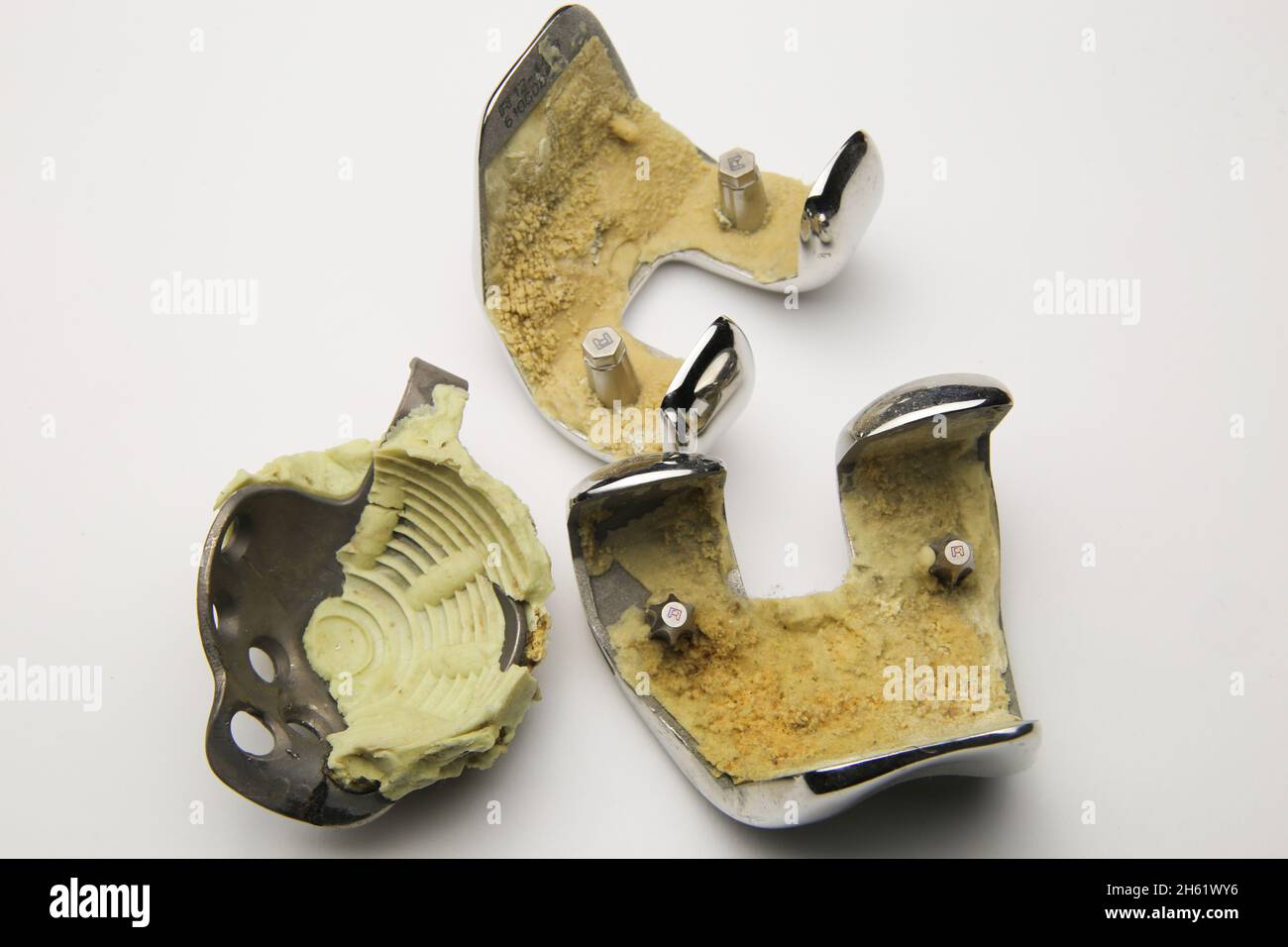 Viersen, Germany - June 9. 2021: Closeup of implant parts for orthopedic artificial hip nad knee joint replacement surgery with bone cement Stock Photo
