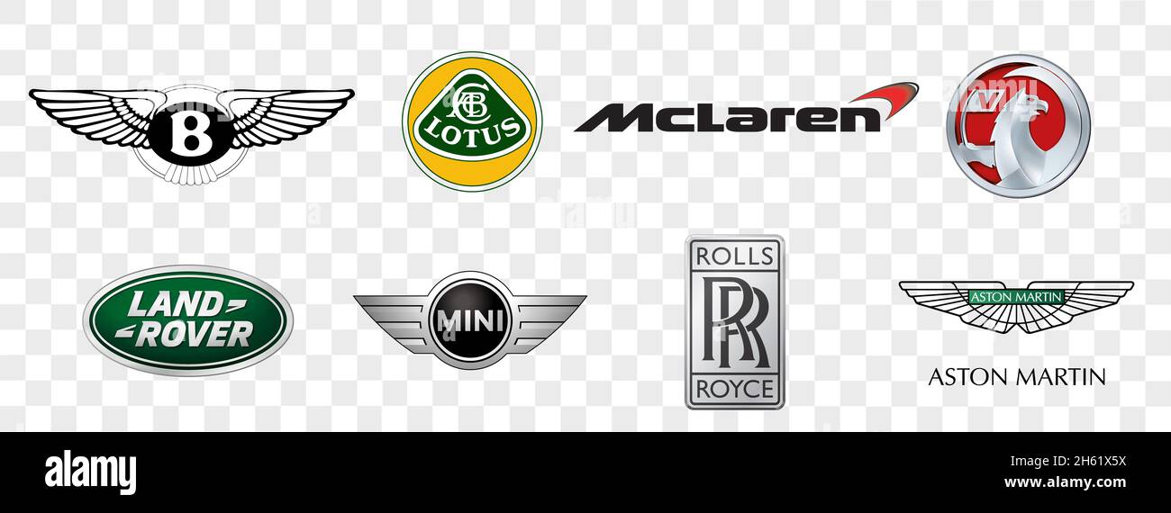 Kiev, Ukraine November 15, 2020 Collection of British car logos