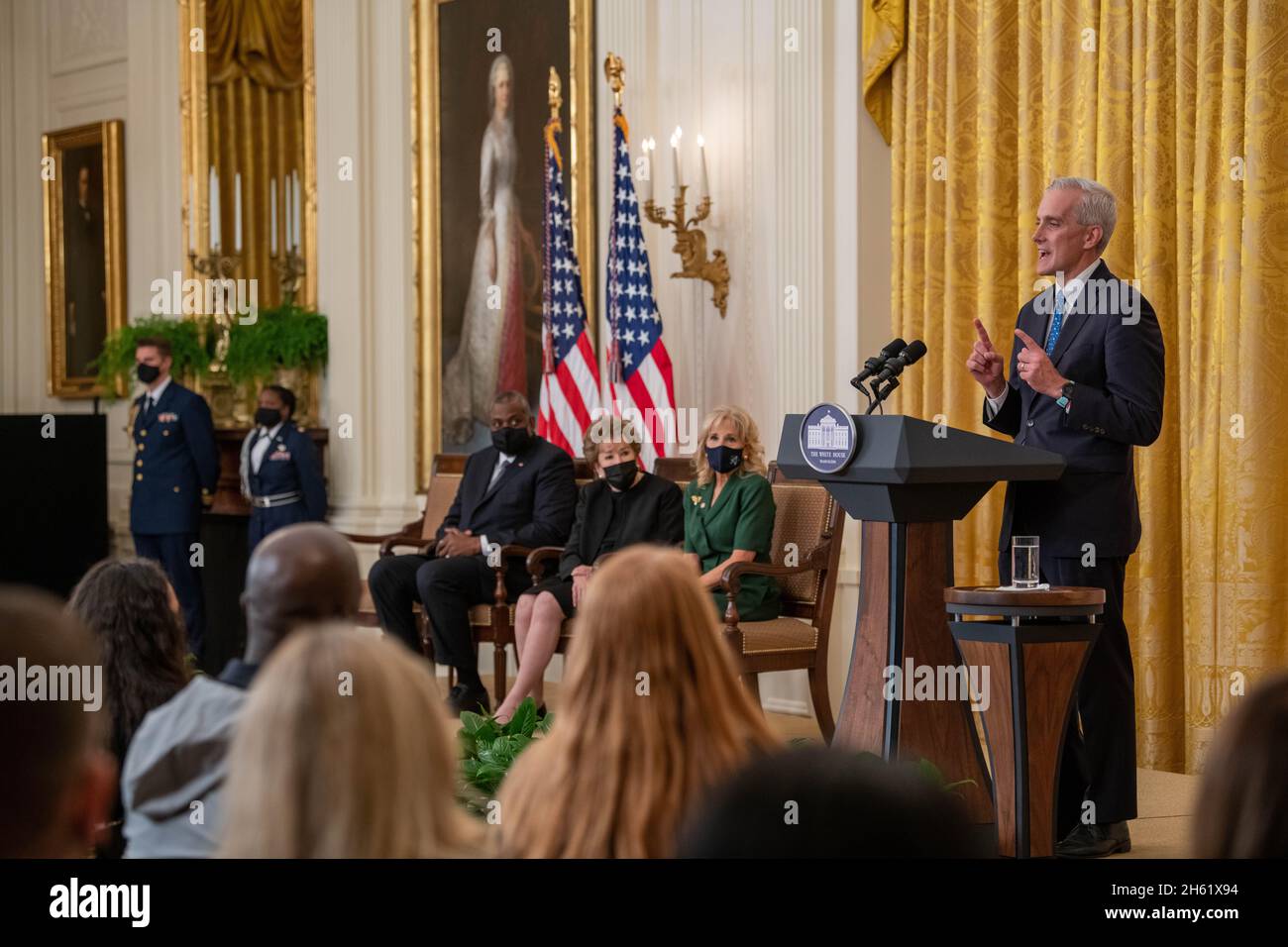 Washington, United States of America. 10 November, 2021. Secretary of Veterans Affairs Denis McDonough speaks at an event honoring children caregivers of veteran and military families hosted by First Lady Jill Biden in the East Room of the White House November 10, 2021 in Washington, D.C. Credit: SSgt. Jack Sanders/DOD photo/Alamy Live News Stock Photo