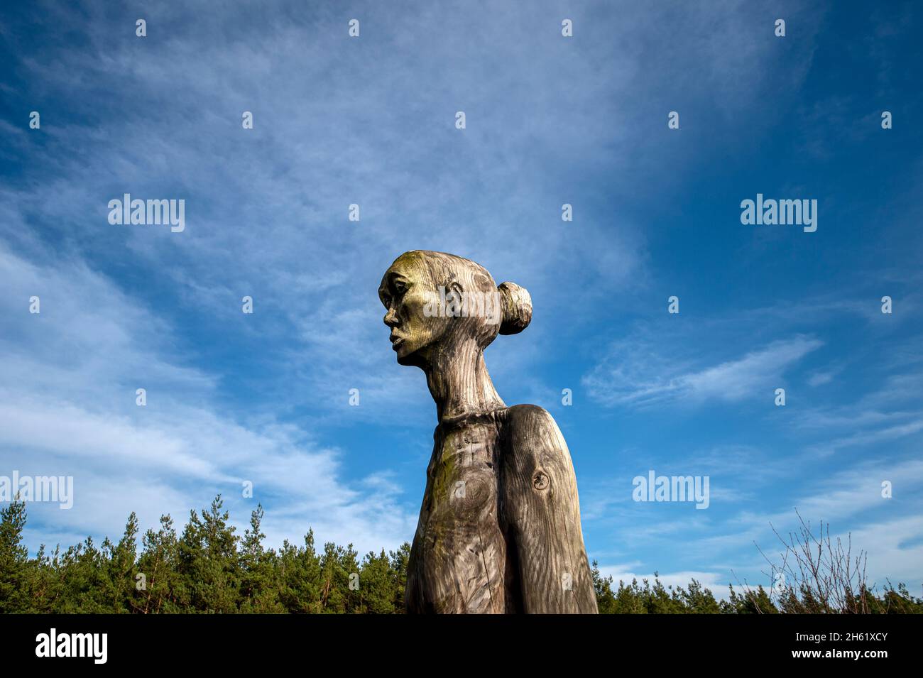 Carved wooden sentinel in the Hogmoor inclosure, Surrey. Stock Photo