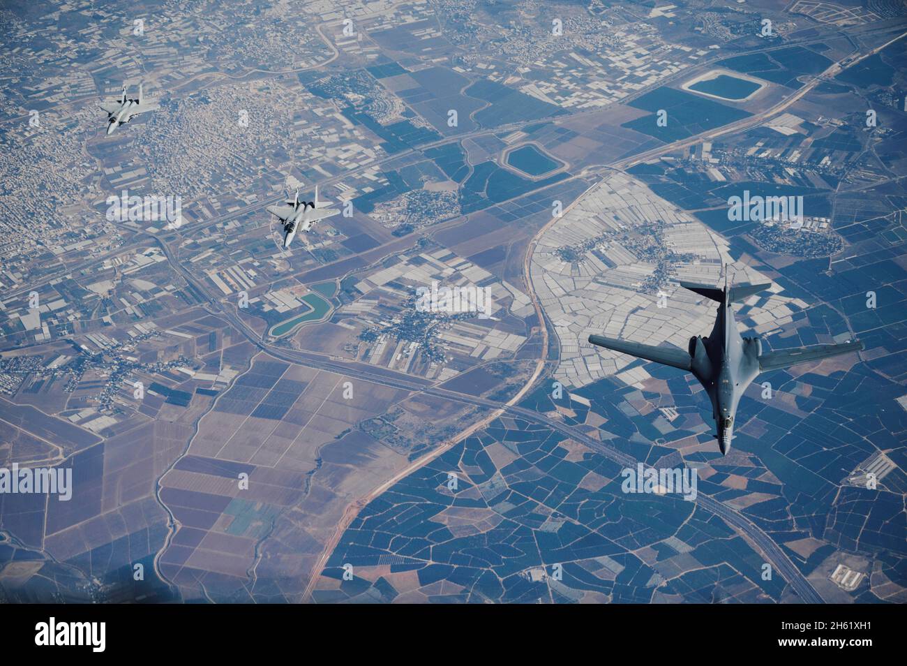 Red Sea, Israel. 11th Nov, 2021. U.S. Air Force B1-B Lancer strategic bombers, fly a Bomber Task Force mission alongside an escort of Israeli Air Force F-15I Eagle fighter aircraft November 11, 2021 over the Red Sea. Credit: TSgt. Christopher Ruano/Planetpix/Alamy Live News Credit: Planetpix/Alamy Live News Stock Photo