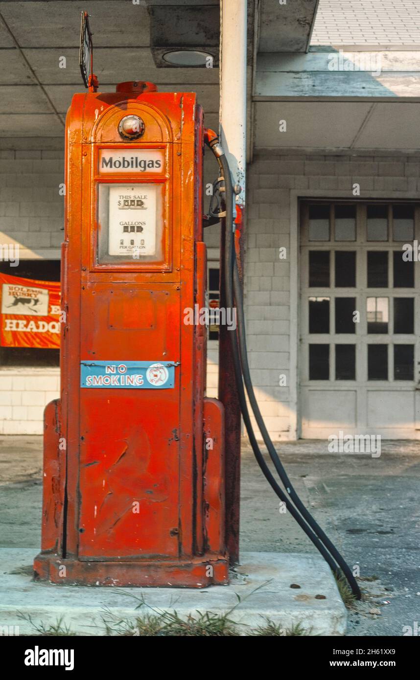 Mobil gas pump, Wilton, Connecticut; ca. 1976. Stock Photo