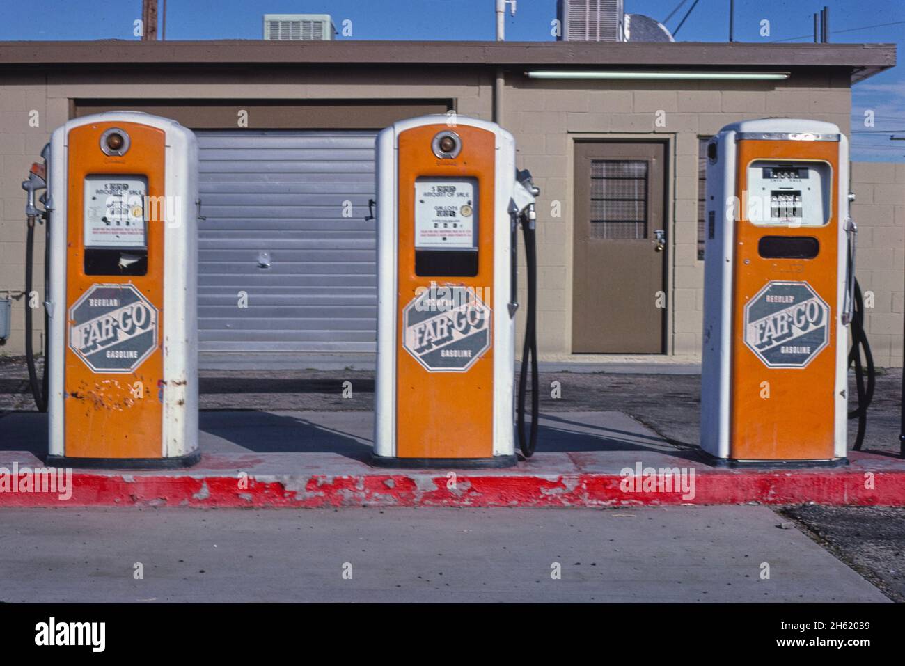 Fargo gas pumps, Main Street, Barstow, California; ca. 1979 Stock