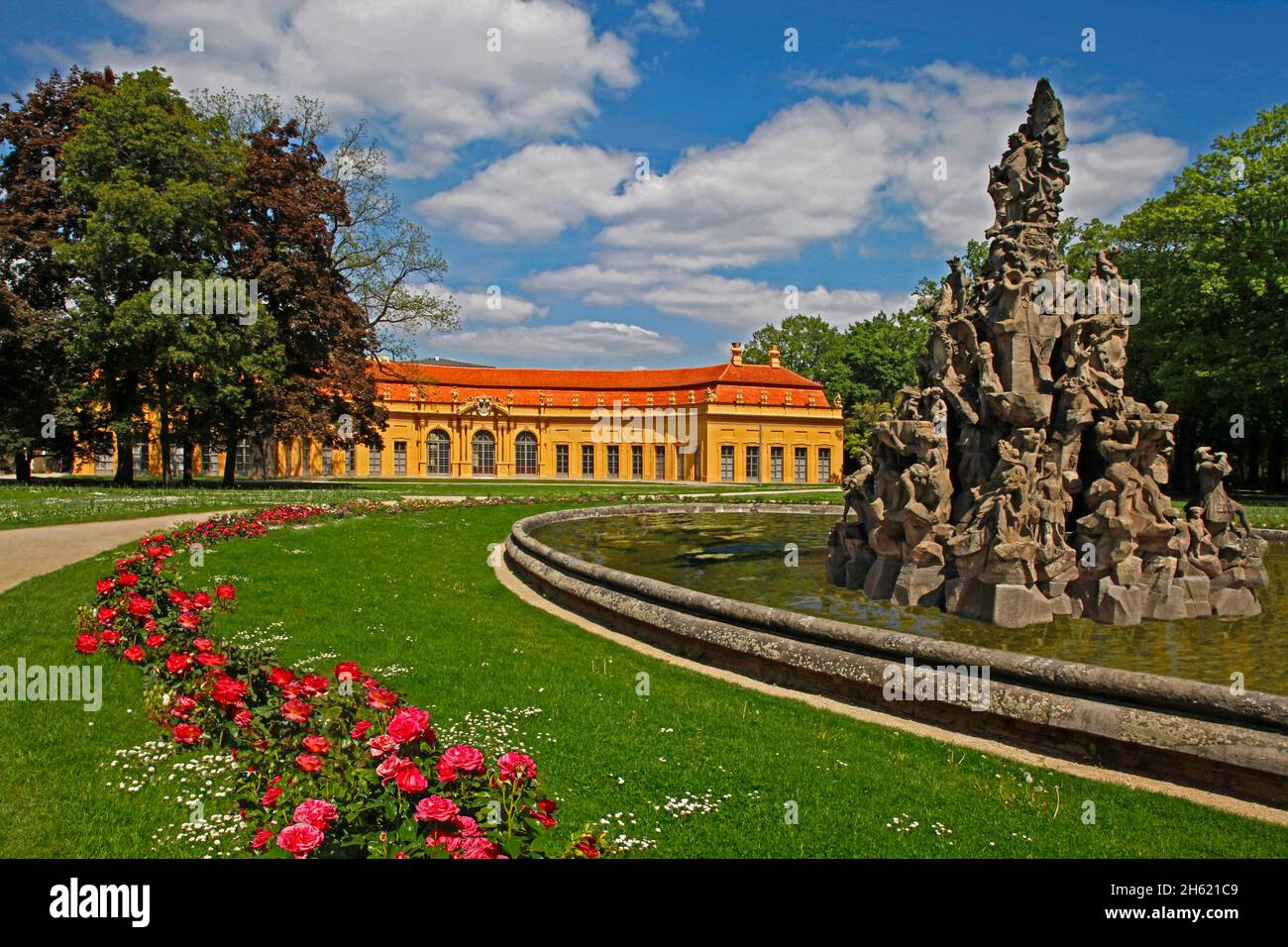 castle garden,huguenot fountain,orangery,erlangen,bavaria,germany Stock Photo