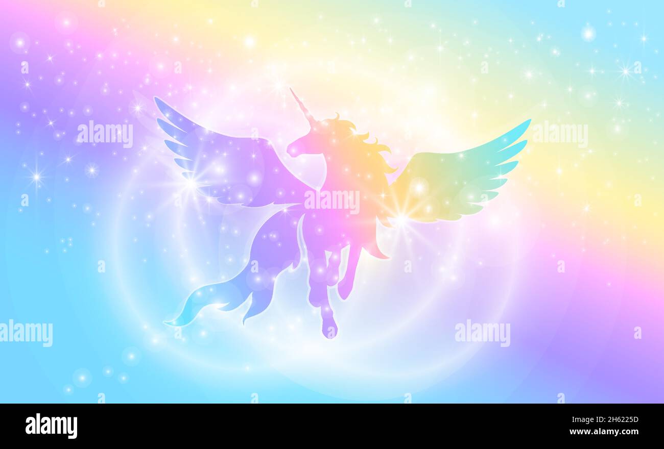 Silhouette of a unicorn with wings on a background of a rainbow sky ...
