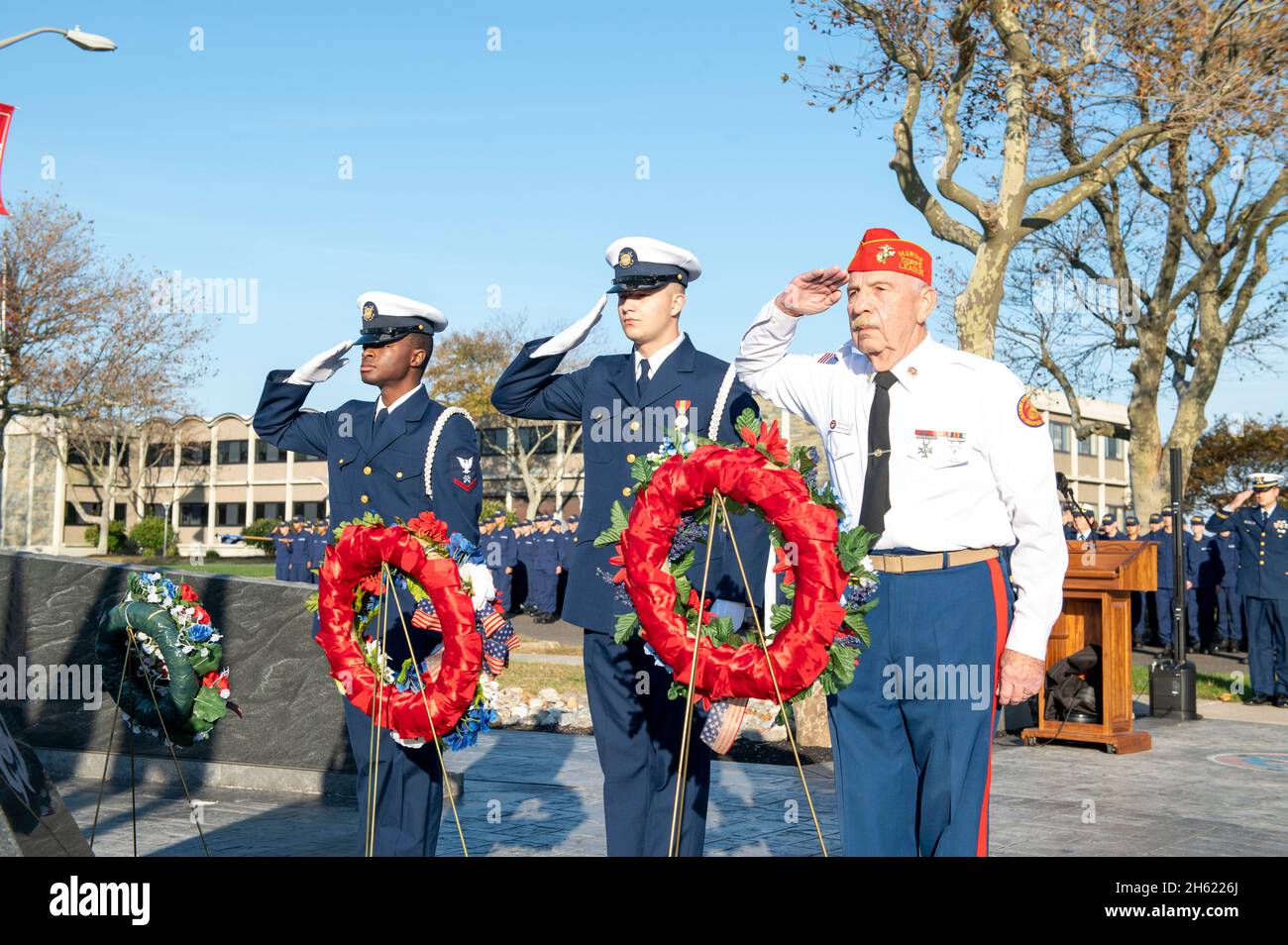 Cape May, United States of America. 11 November, 2021. U.S. Coast Guard and veterans salute during a wreath ceremony honoring Veterans Day at Recruitment Center Cape May, November 11, 2021 in Cape May, New Jersey. Credit: Seaman Christian Lower/USCG Photo/Alamy Live News Stock Photo