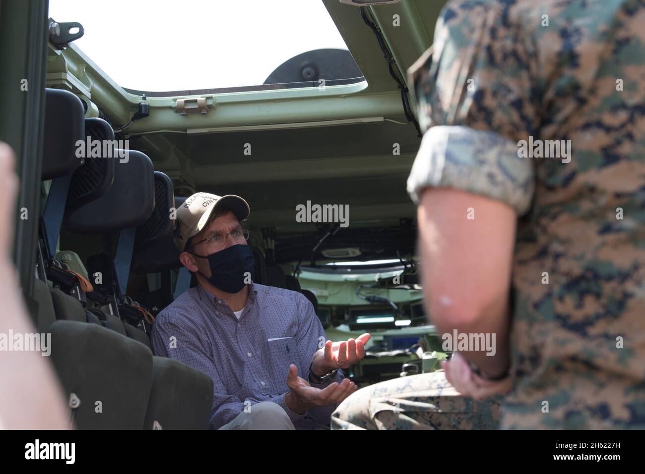 Reportage:  Defense Secretary Dr. Mark T. Esper discusses amphibious combat vehicles, during a visit to Camp Pendleton, Calif., Sept. 17, 2020. Stock Photo