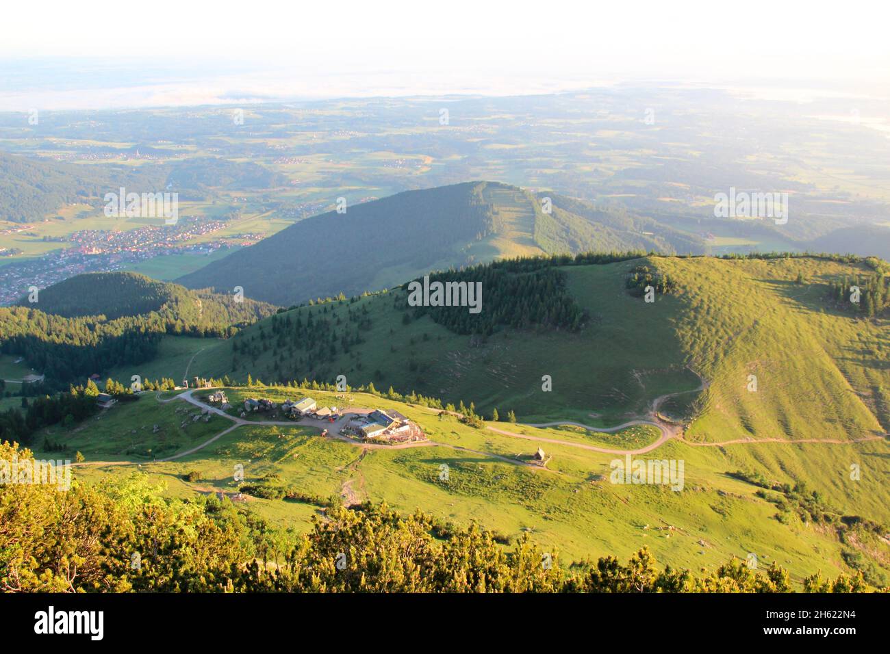 steinlingalm below the kampenwand,aschau,chiemgau alps,chiemgau,upper bavaria,bavaria,southern germany,germany,europe. view from the summit of the kampenwand (1669 m) Stock Photo