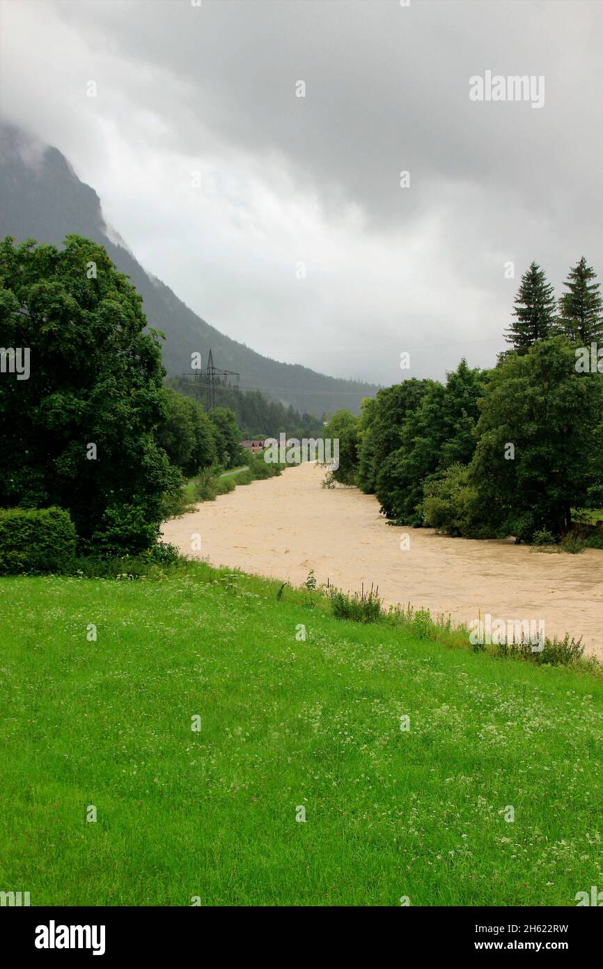 isar near mittenwald,flood,environment,environmental damage,europe,germany,bavaria,upper bavaria,werdenfelser land,summer,forest,river,isar,river course,07/18/2021,meadow Stock Photo