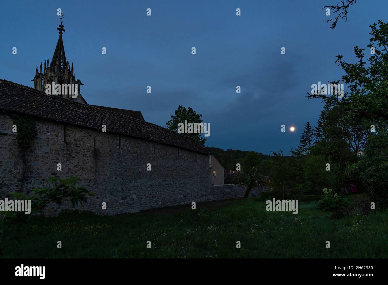 europe,germany,baden-wuerttemberg,schönbuch region,schönbuch nature park,bebenhausen,bebenhausen monastery at dawn with a full moon Stock Photo