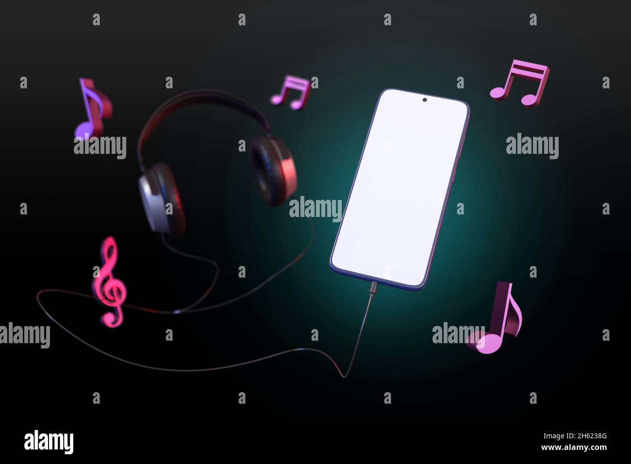 Mobile phone with blank screen, microphone and headphones isolated on dark background. Music concept. 3d illustration. Stock Photo