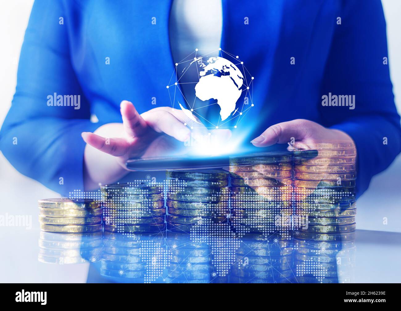 Double exposure, Technology network and online banking and internet banking and networking people concept, Business women with laptop, phone, cellphon Stock Photo