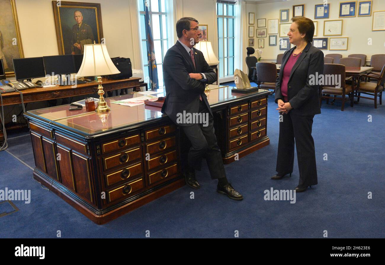 Associate Justice of the Supreme Court Elena Kagan and 25th Secretary of Defense Ash Carter in Carter's office before a ceremonial swearing in held at the Pentagon March 6, 2015. Stock Photo