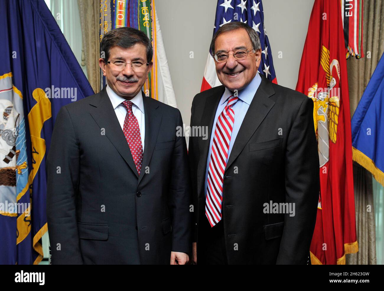 Secretary of Defense Leon E. Panetta, right, meets with Ahmet Davutoglu, the Turkish minister of foreign affairs, at the Pentagon Feb. 13, 2012. Stock Photo