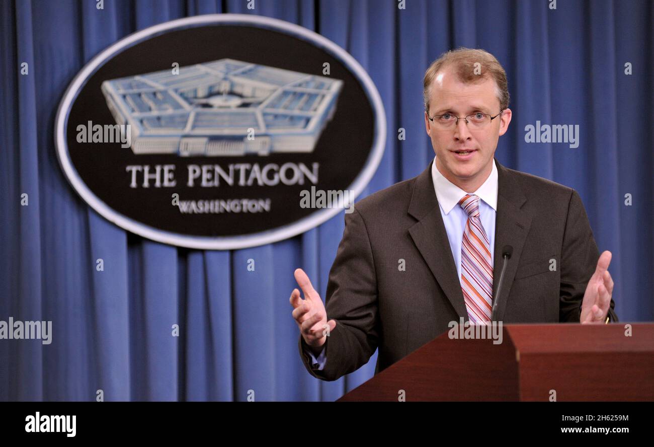 Pentagon Press Secretary George E. Little talks to reporters at the Pentagon July 19, 2012. Issues addressed included the situation in Syria and the possibility of sequestration. Stock Photo
