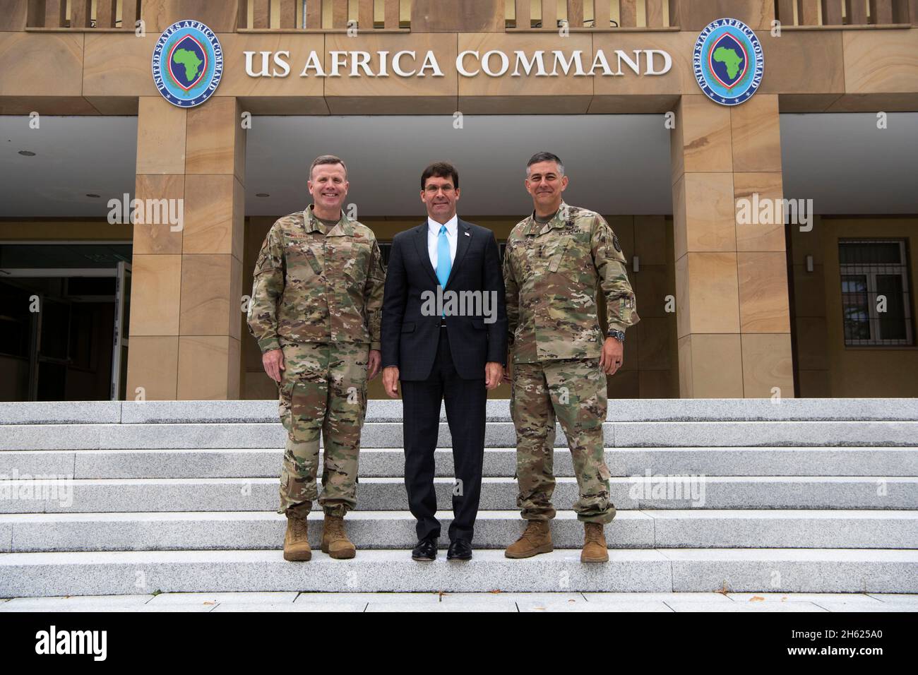 Reportage:  Secretary of Defense Dr. Mark T. Esper meets with the commander of U.S. European Command, Air Force Gen. Tod D. Wolters (left), and the commander of U.S. Africa Command, Army Gen. Stephen Townsend, Stuttgart, Germany, Sept. 5, 2019. Stock Photo
