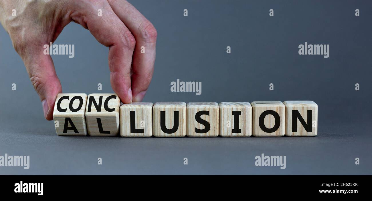 Conclusion or allusion symbol. Businessman turns wooden cubes and