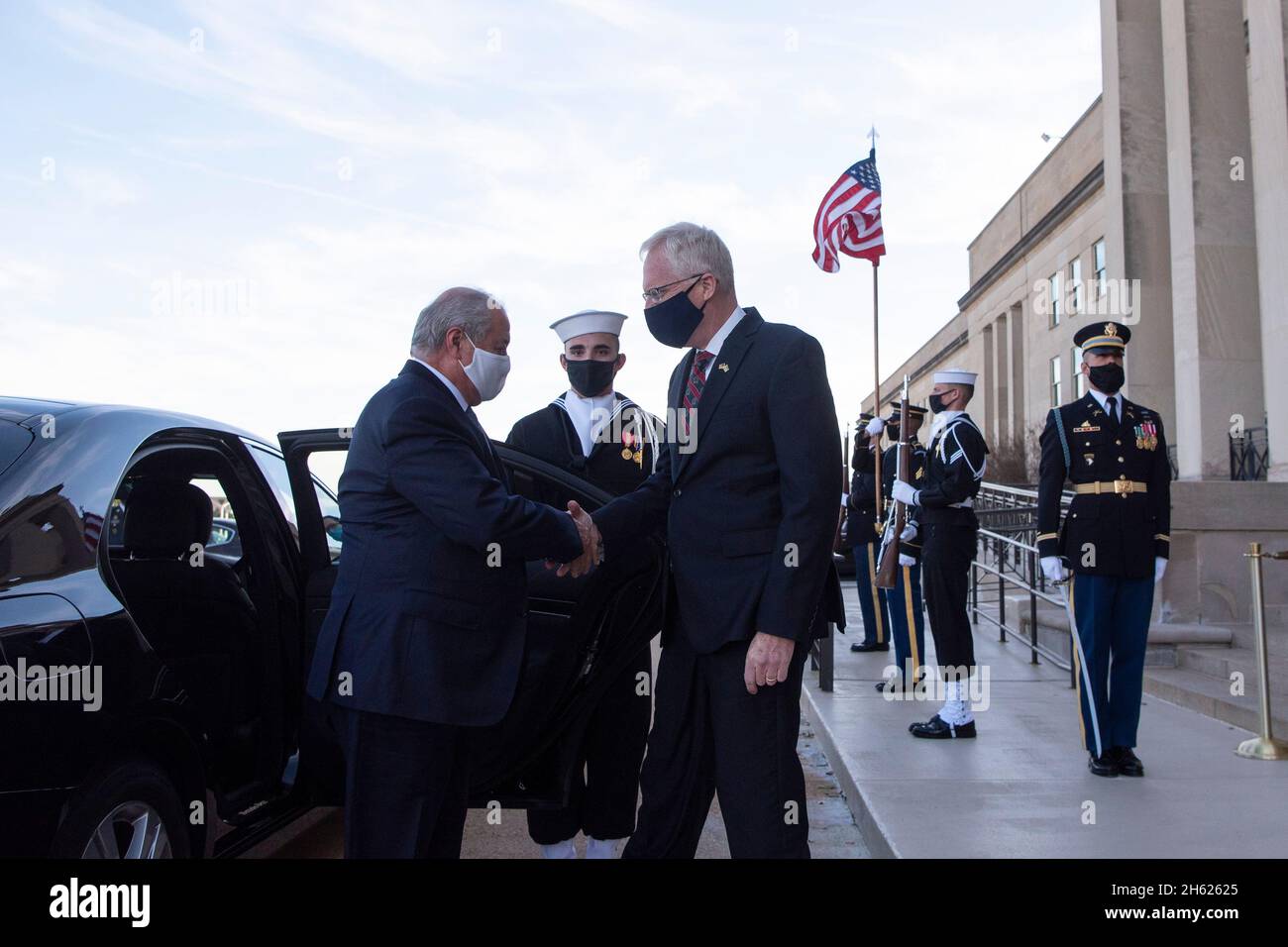 Reportage:  Acting Defense Secretary Christopher C. Miller hosts Uzbekistan's Foreign Minister Abdulaziz Kamilov, at the Pentagon, Washington, D.C., Nov. 19, 2020. Stock Photo