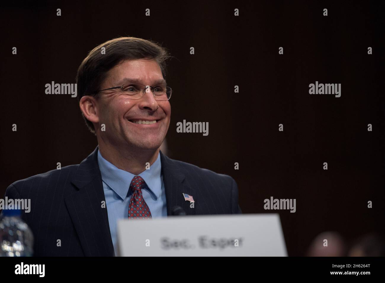 Reportage:  Defense Secretary Dr. Mark T. Esper and Chairman of the Joint Chiefs of Staff Army Gen. Mark A. Milley provide testimony to the Senate Armed Services Committee on the Department of Defense budget posture in review of the fiscal 2021 defense authorization request and the future years defense program, Hart Senate Office Building, Washington, D.C., March 4, 2020. Stock Photo