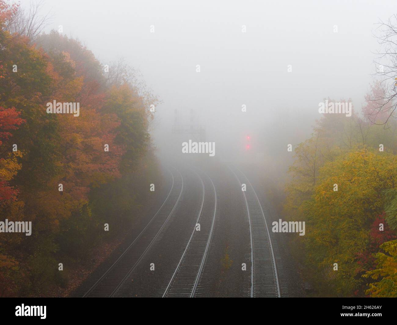 autumn season in canada,ontario,morning fog,rail lines,3 railway tracks,signal lights,the unknown Stock Photo