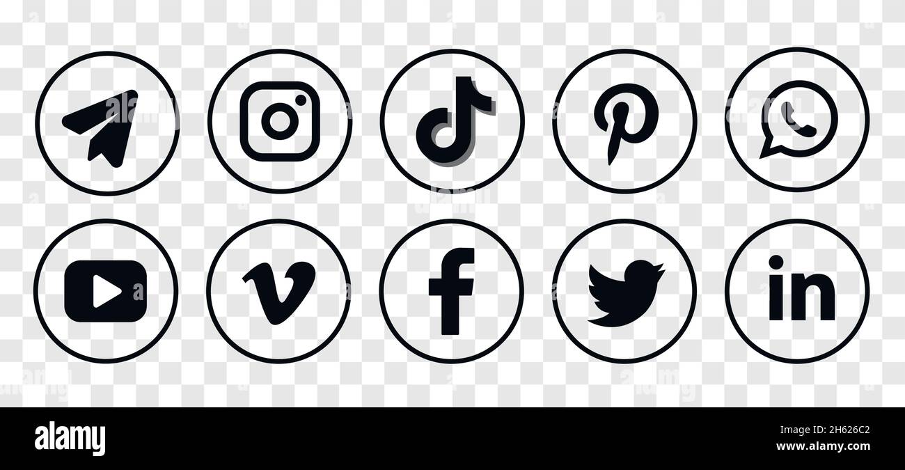 Round social media logotype collection: Facebook, TikTok, instagram, twitter, youtube, telegram, linkedin, snapchat, vimeo. Stock Vector