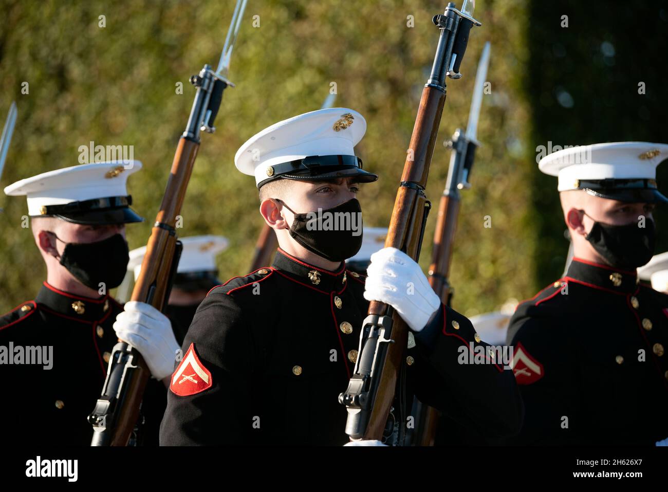Reportage:  Marines with the Joint Honor Guard participate in the enhanced honor cordon, as Defense Secretary Dr. Mark Esper hosts Republic of Korea Minister of National Defense Suh Wook at the Pentagon, Washington, D.C., Oct. 14, 2020. Stock Photo