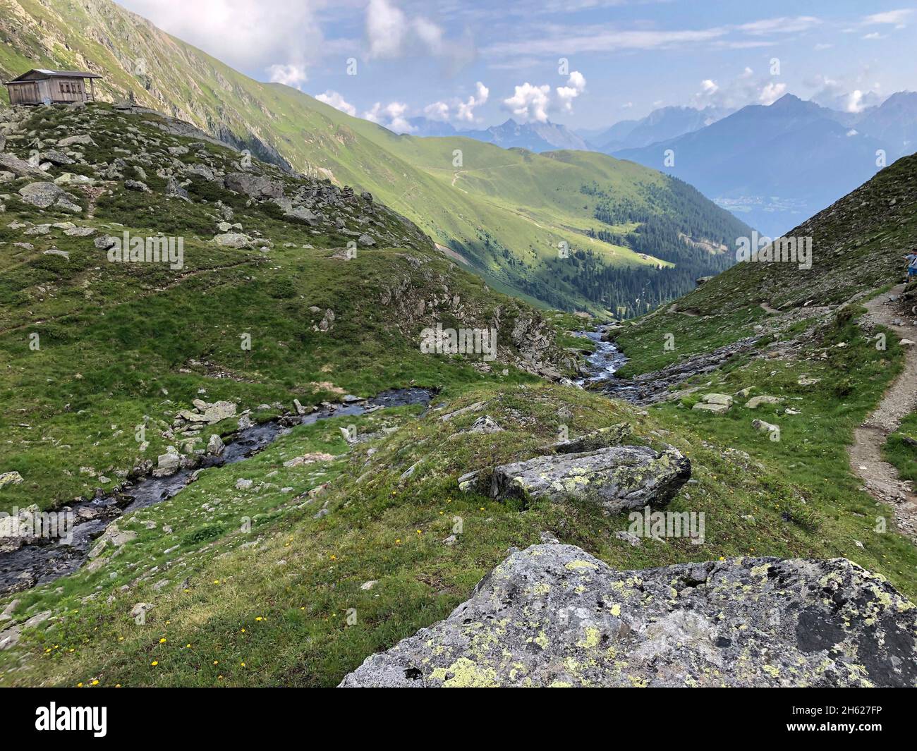 landscape above the inzinger alm,mitterkogel,rosskogel,stubai alps,hunting lodge,seebach,meadows,mountains,nature,inzing,tyrol,austria Stock Photo