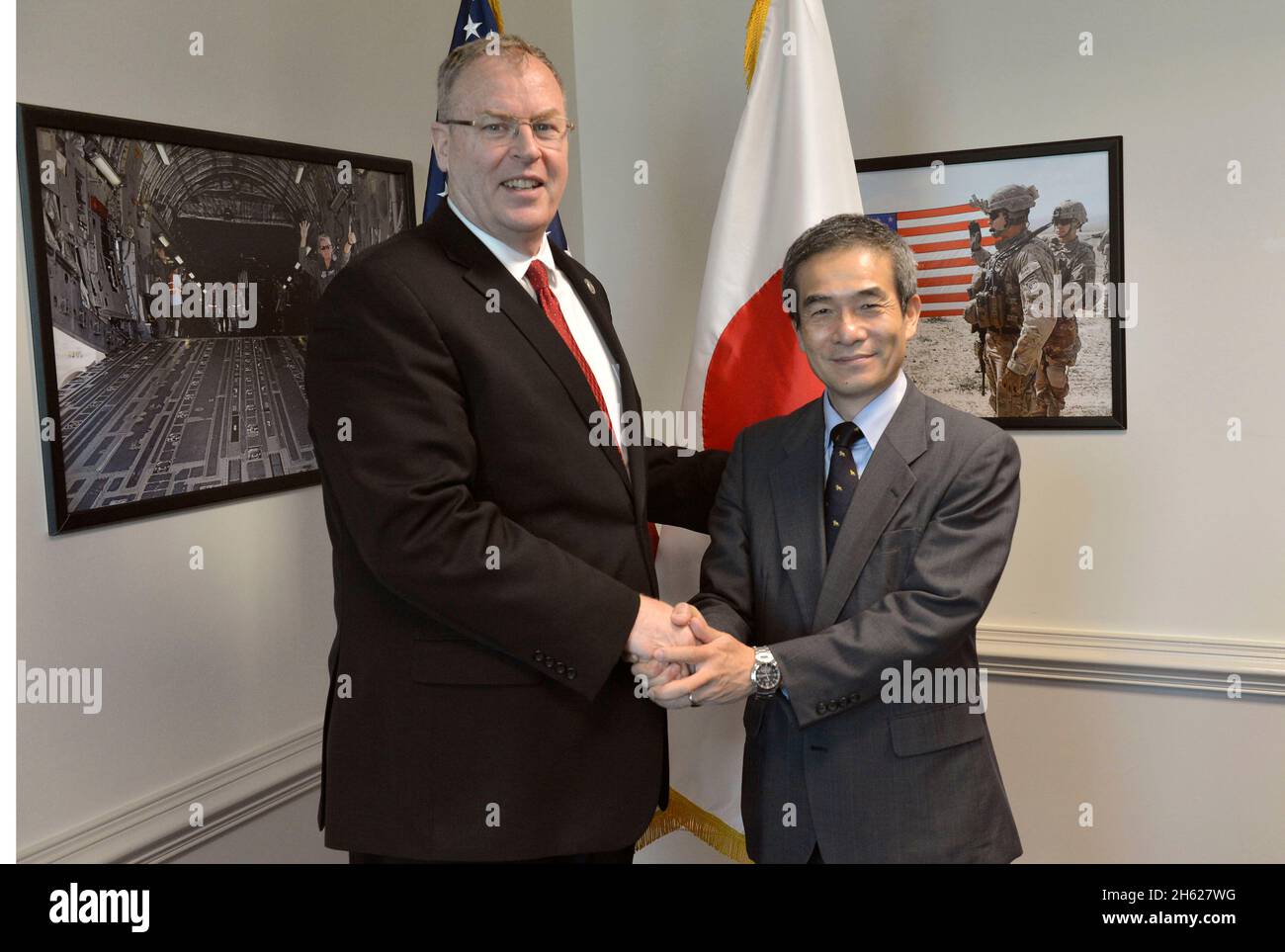 Deputy Secretary of Defense Robert Work meets with Administrative Vice Minister of Defense of Japan  Masanori Nishi at the Pentagon June 3, 2014 Stock Photo