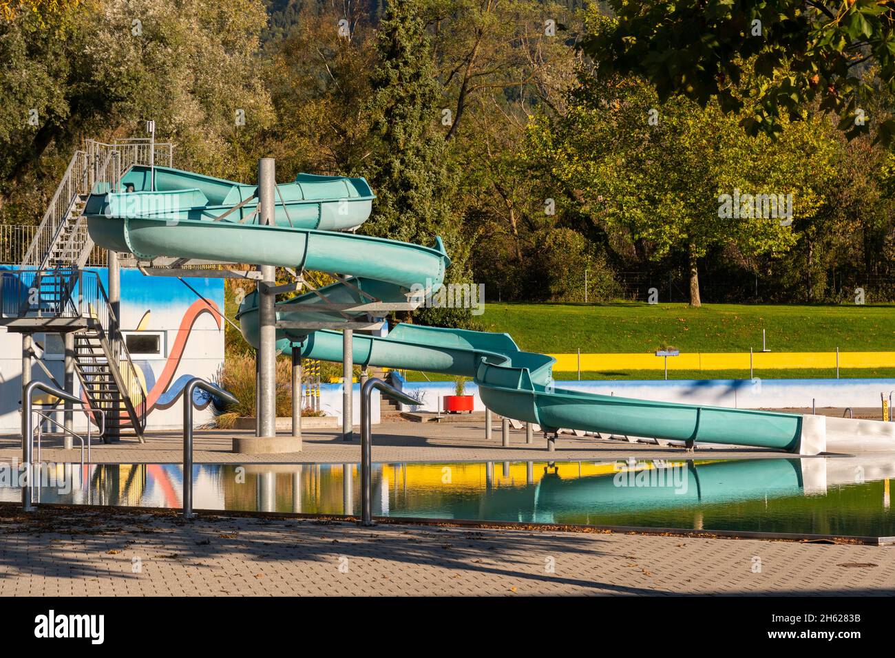 Vaduz, Liechtenstein, October 14, 2021 Funny water slide in a public swimming pool Stock Photo