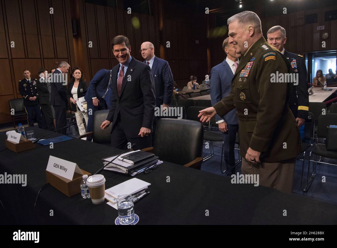 Reportage:  Defense Secretary Dr. Mark T. Esper and Chairman of the Joint Chiefs of Staff Army Gen. Mark A. Milley provide testimony to the Senate Armed Services Committee on the Department of Defense budget posture in review of the fiscal 2021 defense authorization request and the future years defense program, Hart Senate Office Building, Washington, D.C., March 4, 2020. Stock Photo