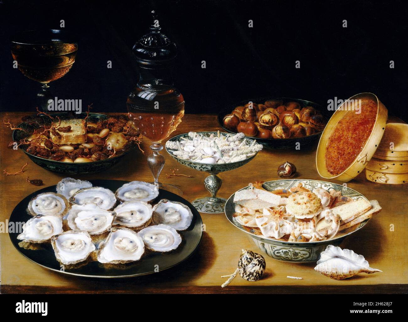 Dishes with Oysters, Fruit, and Wine by Osias Beert the Elder (c. 1580-1623), oil on panel, 1620/25 Stock Photo