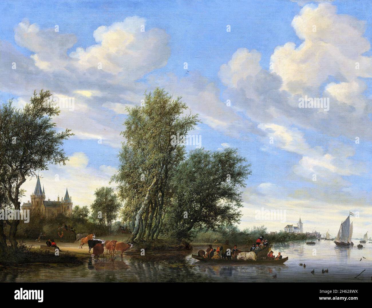 River Landscape with Ferry by Salomon Jacobsz van Ruysdael (c.1602-1670), oil on canvas, 1649 Stock Photo