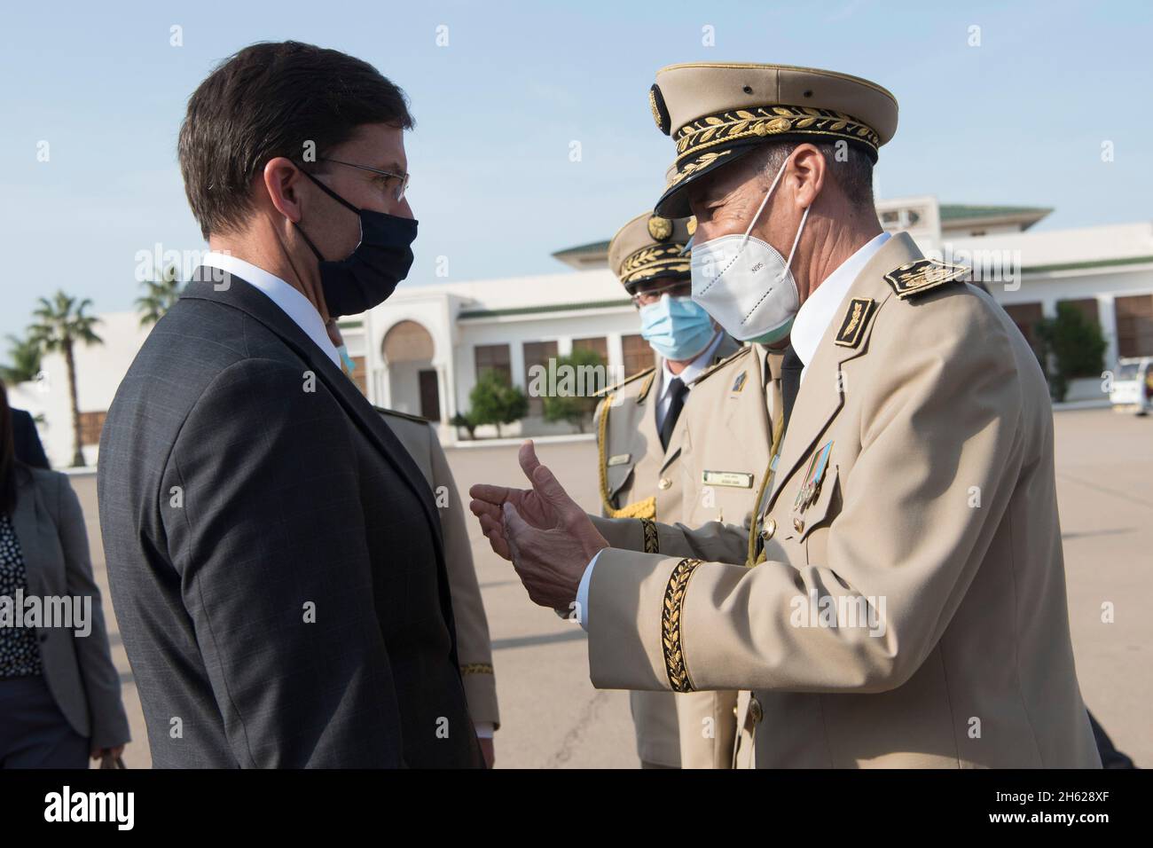 Reportage:  Defense Secretary Dr. Mark T. Esper meets with Secretary General of the Ministry of National Defence, Maj. Gen. Abdelhamid Ghriss, upon departing Algiers, Algeria, Oct. 1, 2020. Stock Photo