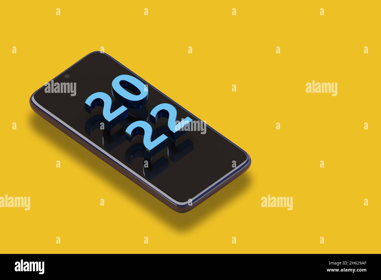 Mobile phone with 2022 text in three dimensions. New year concept. Isometric projection. 3d illustration. Stock Photo