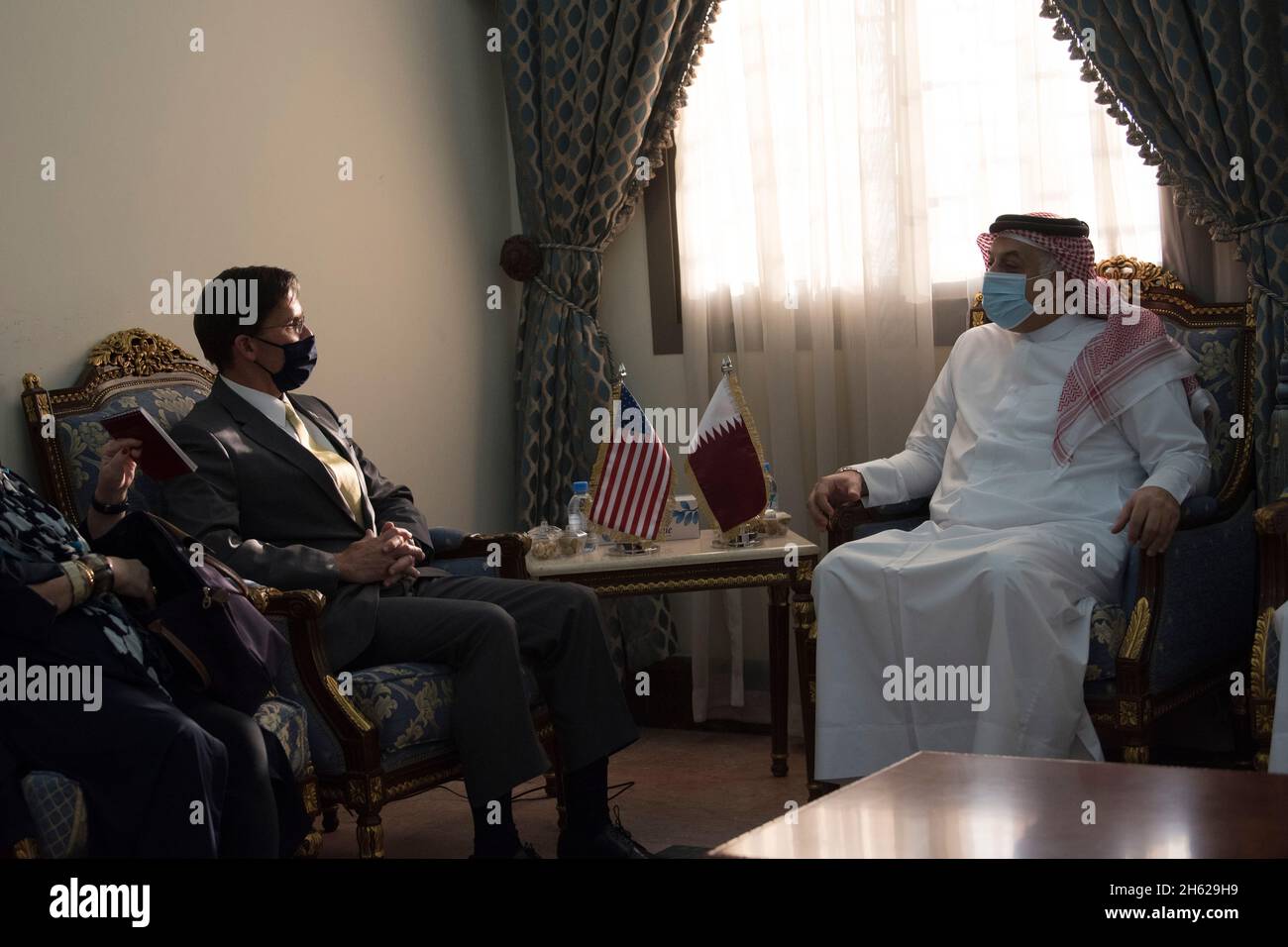 Reportage:  Defense Secretary Dr. Mark T. Esper meets with Qatari Deputy Prime Minister and Minister of State for Defense Affairs Dr. Khalid bin Muhammad Al-Attiyah, Qatar, Oct. 3, 2020. Stock Photo