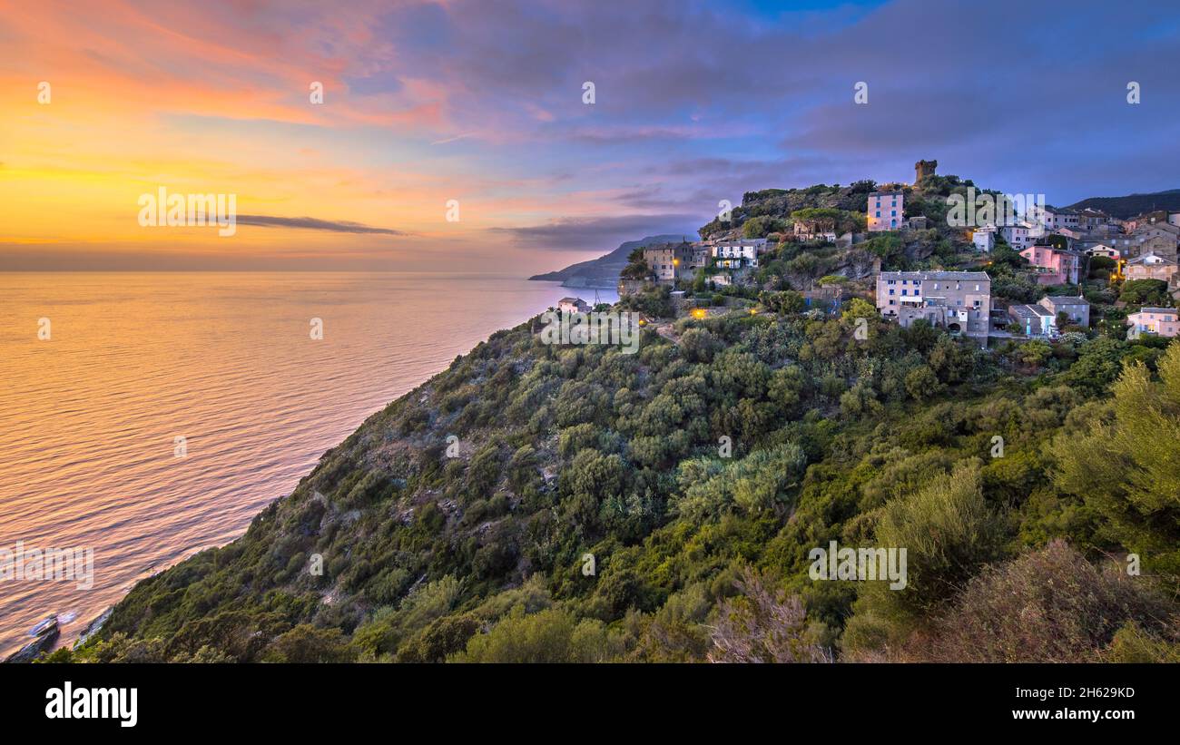 Mountain Village of Nonza with view over the mediteranean sea on Cap corse, Corsica, France Stock Photo