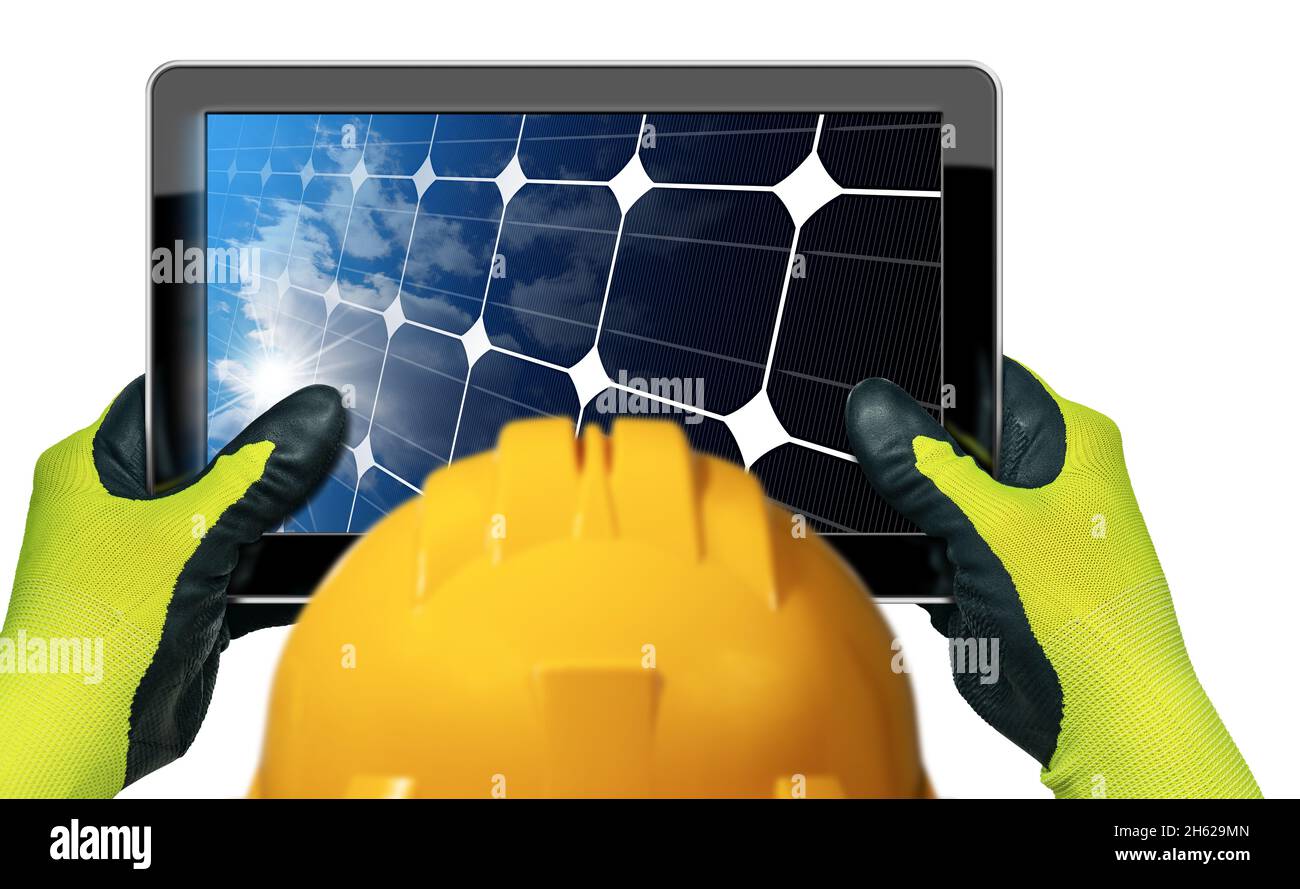 Engineer with protective work gloves and hard hat holding a digital tablet computer with solar panel inside the screen. Isolated on white background. Stock Photo