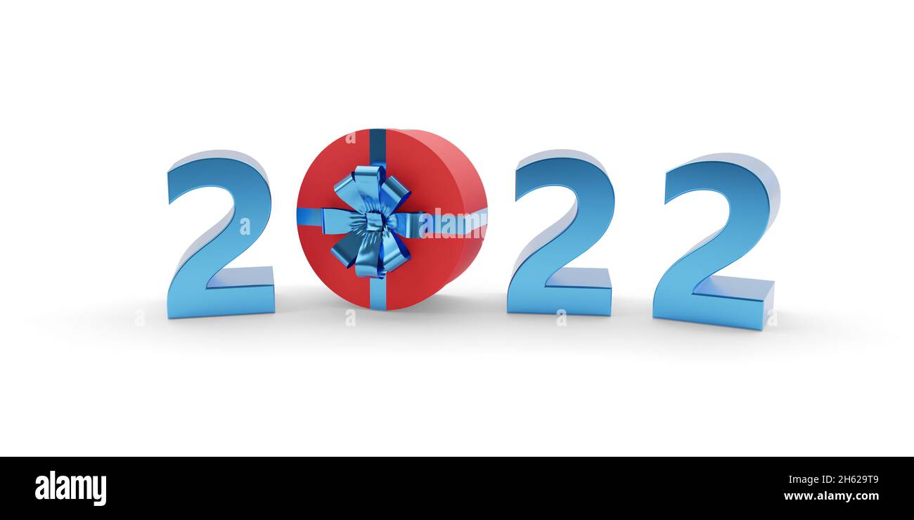 2022 text with gift box in three dimensions. New year concept. 3d illustration. Stock Photo