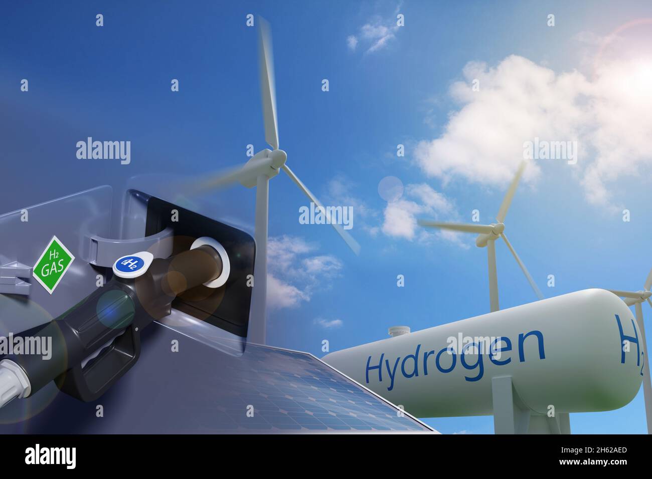 Car charging hydrogen and hydrogen generating plant. Double exposure