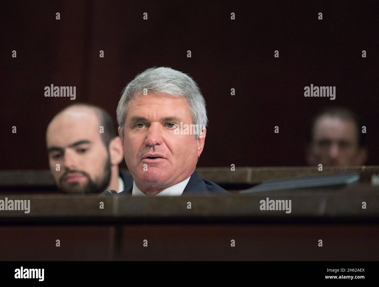 Rep. Michael McCaul asks questions of Deputy Executive Assistant Commissioner of U.S. Customs and Border Protection John Wagner during his testimony in a hearing titled 'Denying Terrorists Entry to the United States: Examining Visa Security' in a hearing before the House Homeland Security Committee, May 3, 2017. McCaul is chairman of the House Homeland Security Committee. Stock Photo