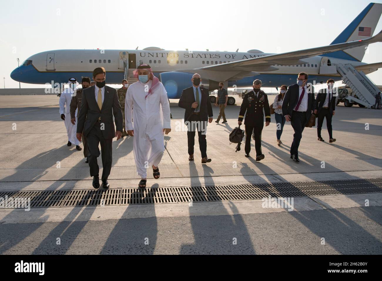 Reportage:  Defense Secretary Dr. Mark T. Esper walks with Qatari Deputy Prime Minister and Minister of State for Defense Affairs Dr. Khalid bin Muhammad Al-Attiyah, upon arrival in Qatar, Oct. 3, 2020. Stock Photo
