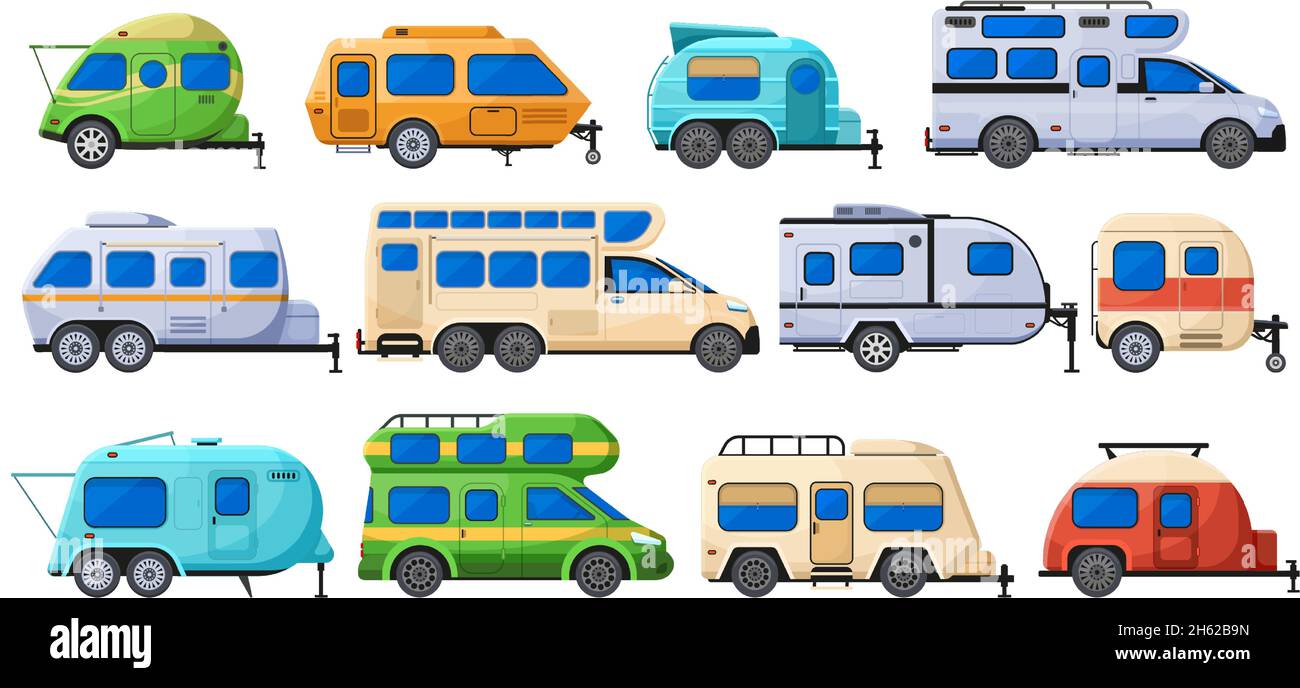 Camping trailers, tourism road home, rv cars and camper vehicles. Road trucks, outdoor vacation caravan cars vector flat illustration set. Tourism Stock Vector