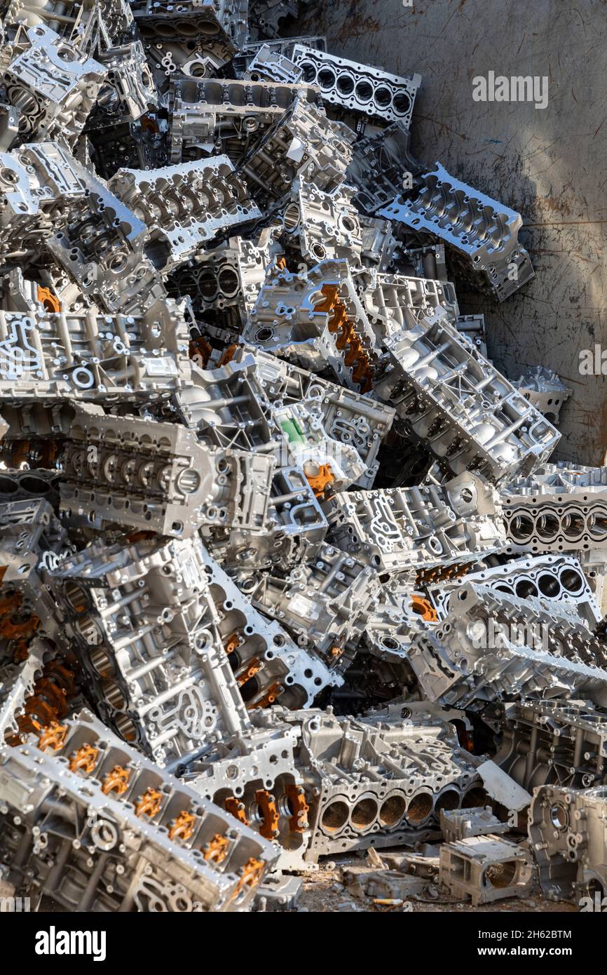 Scrap metal engine blocks in the recycling plant hires stock
